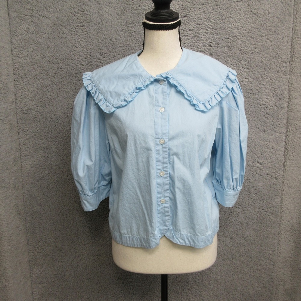 Freshman 1996 Ruffle Peter Pan Collar Blouse L Blue Cottagecore Prairie Romantic